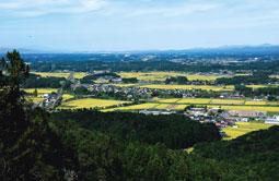 山の上から泉崎村を眺めた写真。田んぼと住宅と林がまばらに広がっている。