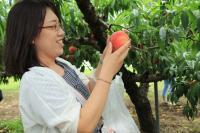 桃の木の前で、眼鏡をかけたグレーのシャツに白い上着を着た女性が両手に持った桃を眺めている写真