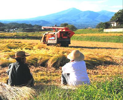 天気の良い日、遠くには山々が連なり、手前には稲穂を刈るトラクターを眺める農家の人が2人座っている写真
