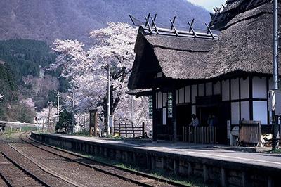 山のふもとに建つ、昔ながらの日本家屋と桜が美しい電車の駅の写真