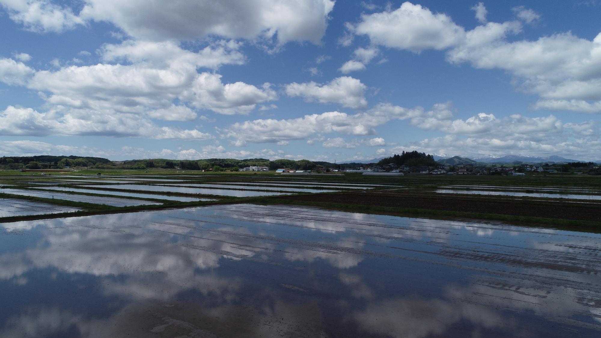 村内沖内地区で田植え直前の水張田に空が反射している様子の写真